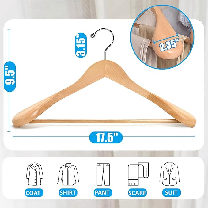 Amber Home 6 Pack Wide Shoulder Wooden Suit Coat Hangers with Non Slip Pants Bar, Solid Wood Jacket Clothes Hangers Smooth Finish for Sweater, Pants, Heavy Clothes (Natural, 6 Pack)