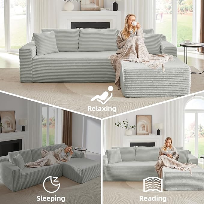 Modular Cloud Sectional Couch with L-Shape Chaise,Modern Upholstered Couches with Deep Seat,Corduroy Sponge Compressed Sofa for Living Room, Bedroom,No Assembly Required(Light Gray)