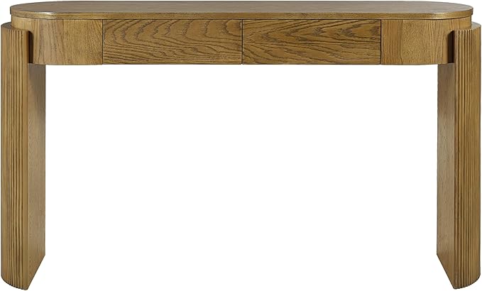 55.1" Entryway Narrow Console Table with Drawers, Oval Top & Fluted Legs, Natural Wood Grain Sofa Table for Hallway, Foyer, Behind Couch, Accent Table for Living Room, Solid Wood + MDF (Natural)