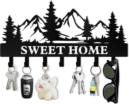 Personalized Metal Key Holder Wall Mount, Forest Key Hooks for Wall, Coat Hooks, Mountain Wall Decor, Key Organizer Rack for Entryway Office Kitchen Front Door, Housewarming Gifts