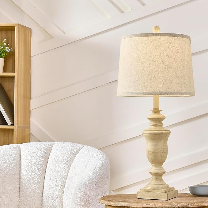 27.5" Vintage Farmhouse Table Lamps Set of 2 Bedside Lamp, 3 Way Dimmable Bedroom Lamps with 2 USB Ports +AC Outlet Nightstand Lamp Rustic Lamp (Rotary-Antique Beige)