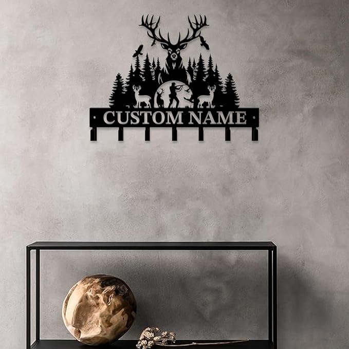 Personalized Custom Name Hunting Deer Wall Key Hooks,Metal Hunting Art Clothes Hooks,Metal Hunting Wall Home Storage Decorative,Hunter For Front Door, Hallway, Kitchen, Bedroom,Keys,Hats (Style M)