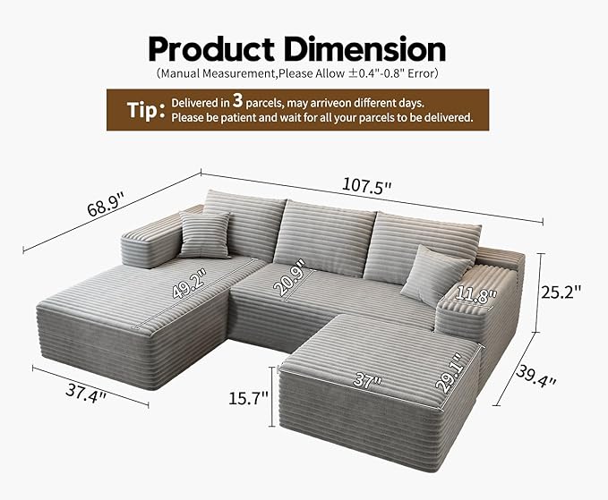 107.5" Cloud Modular Sectional Couch with 1 Ottoman,Modern Minimalist Upholstered Couches, Comfort U Shaped Sofa for Living Room,Deep Seat Corner Couch，No Assembly Required (Grey,Left Facing Chaise)