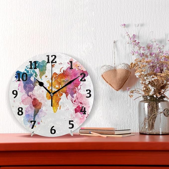 Wall Clock Watercolor World Map Silent Non Ticking Wall Clock Decorative Battery Operated Wall Clocks for Home Kitchen Bedroom Living Room Office