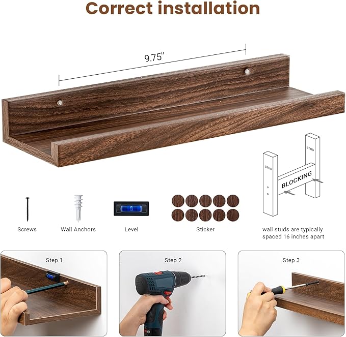 Heimlove Floating Shelves Set of 6, 16" Wall Mounted Picture Ledge, Display Shelf Organizer for Decor Storage, Wall Mounted Shelves for Living Room, Bedroom, Bathroom, Kitchen (Walnut)