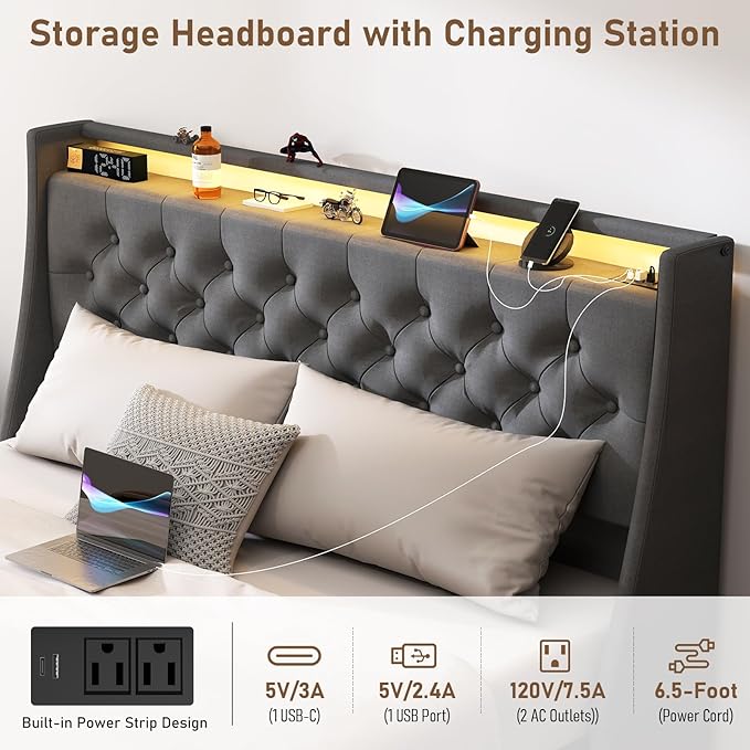 SADENICEL Full Size Bed Frame with Storage Headboard and 4 Drawer, Metal Full Bed Frame Platform with LED Light, Charging Station, No Box Spring Needed, Noise Free, Easy Assembly, Grey