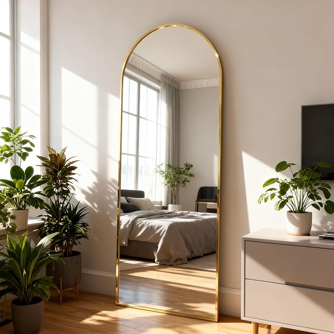 Arched Full Length Mirror,56" L x 15" W Floor Mirror, Aluminum Alloy Frame, Shatterproof Glass - Free Standing, Leaning or Wall Mounted for Bedroom, Living Room, Entryway, Modern Home (Gold)