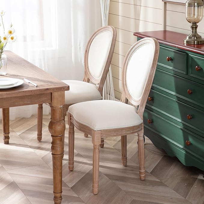 Nrizc French Dining Chairs Set of 2, French Country Dining Chairs, Vintage Farmhouse Dining Chairs with Round Back, Solid Wood Beige Fabric Dining Room Chairs, for Kitchen, Bedroom, Dining Room