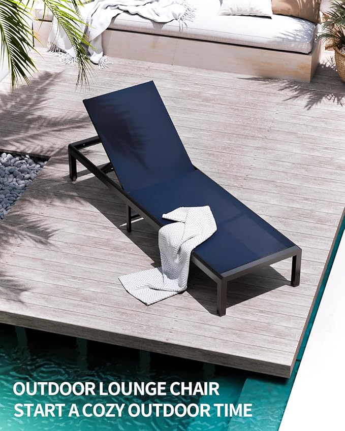 Aluminum Lounge Chairs Outdoor Chaise Furniture,2 Sets Patio Metal Deck Lounger Adjustable 5-Position Poolside Chase Recliner with Wheels for Beach,Coffee Table, (NavyBlue, 2 Chair)