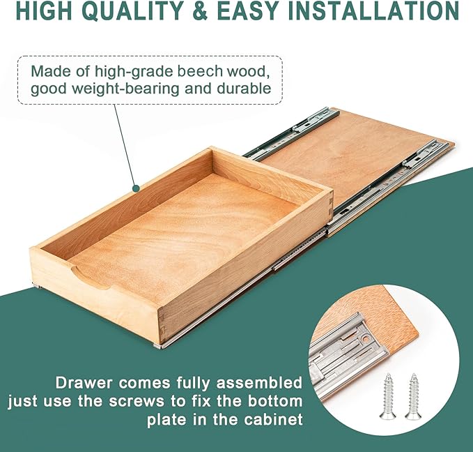 Pull Out Drawers for Kitchen Cabinets, Pull Out Cabinet Organizer, Fully Assembled Wood Cabinet Pull Out Drawer, Fast and Easy DIY Installation, 14”W x 21”D