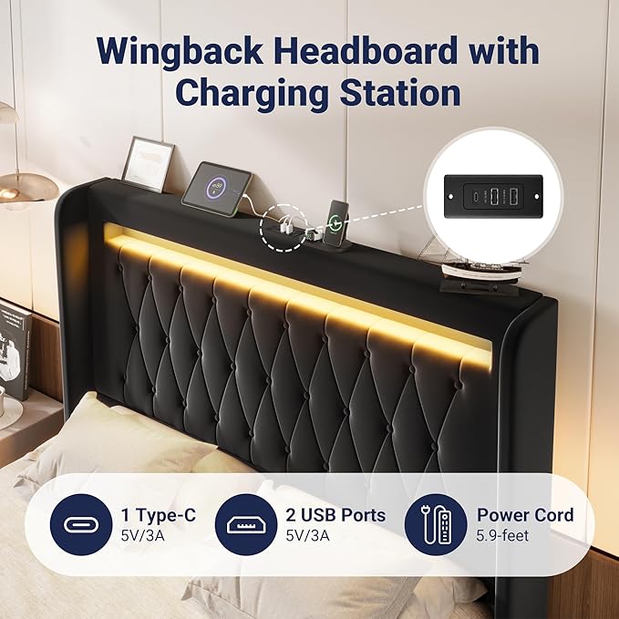 Allewie Upholstered Full Size Platform Bed Frame with LED Light and Charging Station, Button Tufted High Headboard, Wingback Design, Noise Free, Easy Assembly, No Box Spring Needed, Black