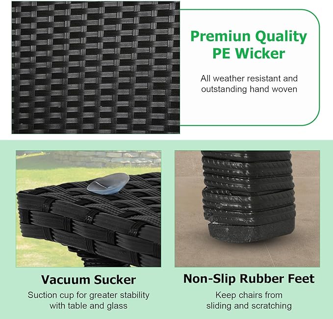 FDW 3 Piece Outdoor Furniture Set Patio Wicker Chairs Furniture Bistro Conversation Set 2 Rattan Chairs with Blue Cushions and Glass Coffee Table for Porch Lawn Garden Balcony Backyard