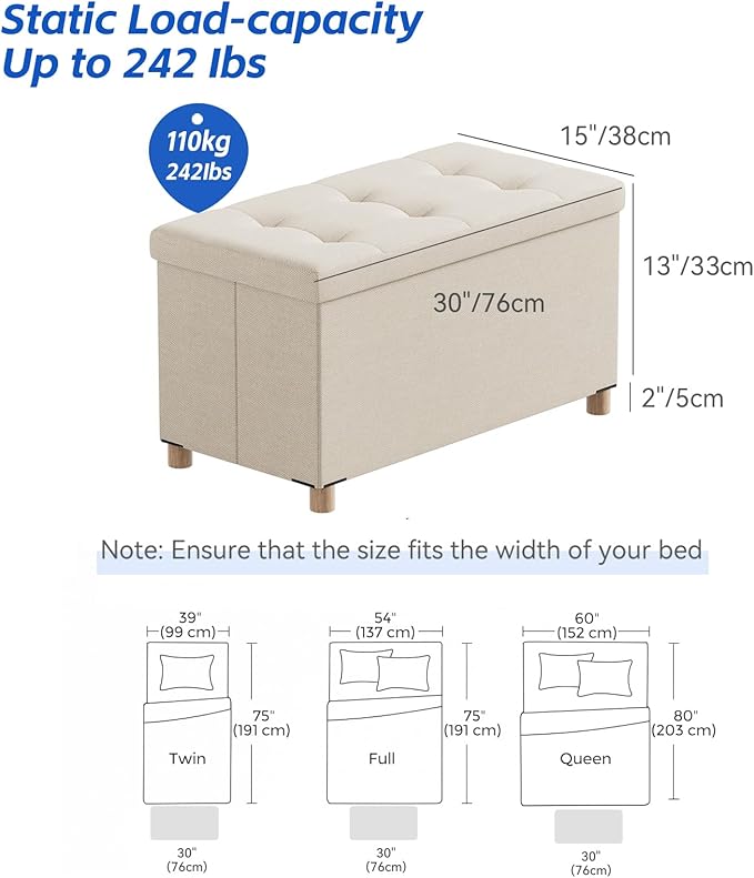BRIAN & DANY 30 Inches Folding Storage Ottoman Bench, Ottoman with Storage Bench for Bedroom, Living Room, Entryway, Foot Rest with Legs, Beige