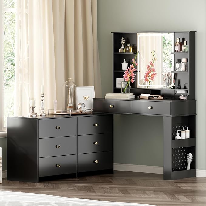 Large Makeup Vanity Desk with Mirror and Lights, Vanity Desk with 8 Drawers & Storage Shelves, Vanity Table with Power Outlet, 3 Color Modes & Adjustable Brightness Dressing Table, Bedroom,Black