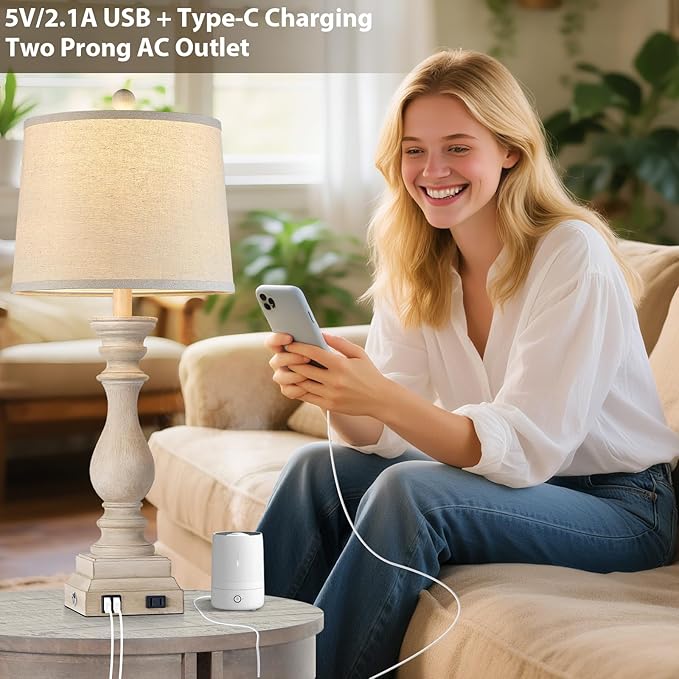 28" Farmhouse Table Lamps Set of 2 with USB C+A Ports and AC Outlet, 3 Way Touch Tall Vintage Bedside Lamp for Living Room, Beige Rustic Nightstand Lamp for Bedroom Office