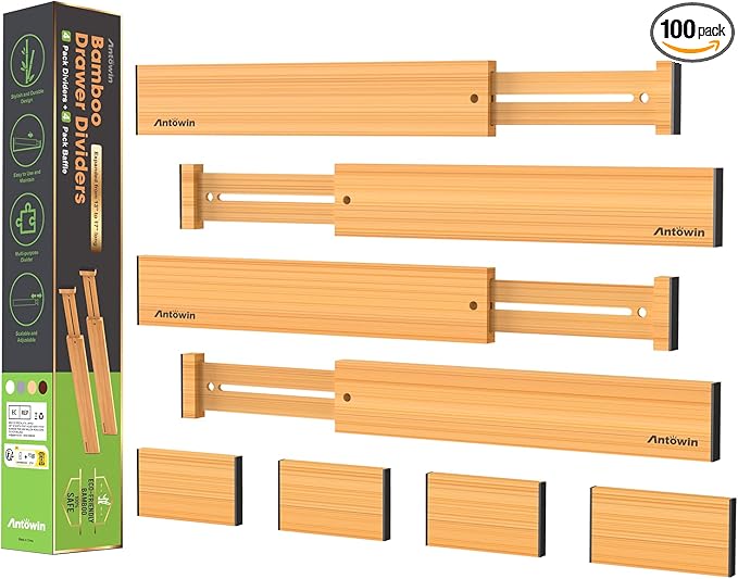 ANTOWIN Bamboo Drawer Dividers Organizers, Drawer Separators Splitter,13-17 inches Long Adjustable Spring-loaded Organizer for Large Utensil, Clothes, Tools Drawers (4+3)