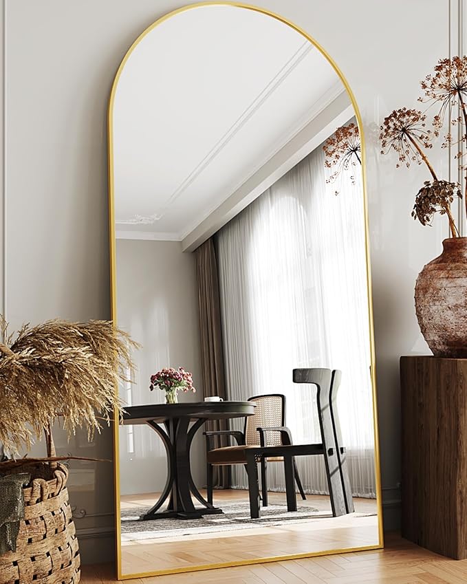 Full Length Mirror, 78"x38" Arched Floor Mirror Freestanding, Floor Standing Full Body Mirror with Stand for Bedroom, Hanging Mounted for Living Room Cloakroom, Gold