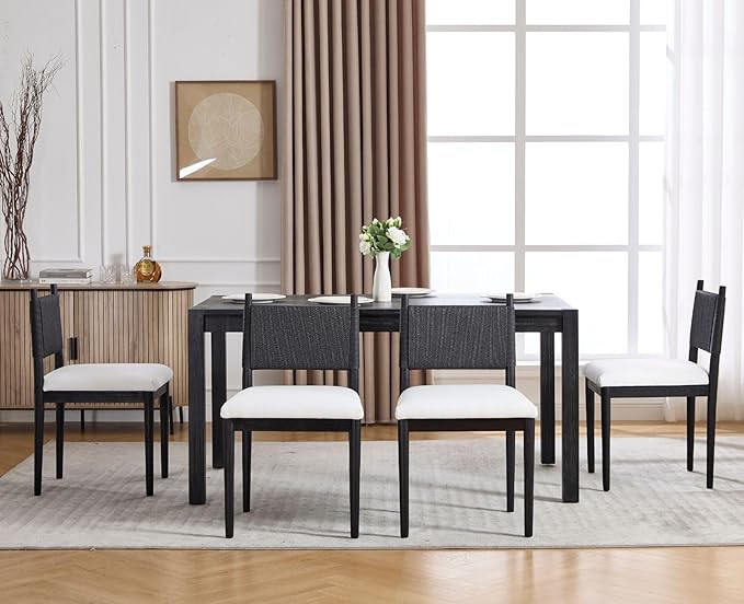 CIMOTA Black Dining Chairs Set of 2, Mid Century Modern Upholstered Dining Room Chairs with Woven Back, Armless Kitchen Chairs with Solid Wood Legs,Linen Beige