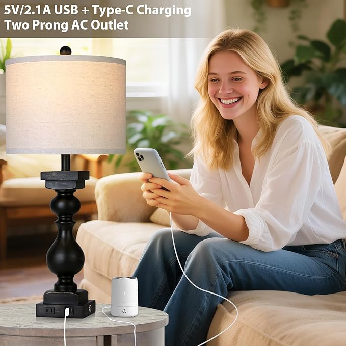 28" Tall Farmhouse Table Lamps Set of 2 with USB C+A Ports and AC Outlet, 3 Way Touch Tall Rustic Bedside Lamps for Living Room, Black Vintage Lamps for Bedroom