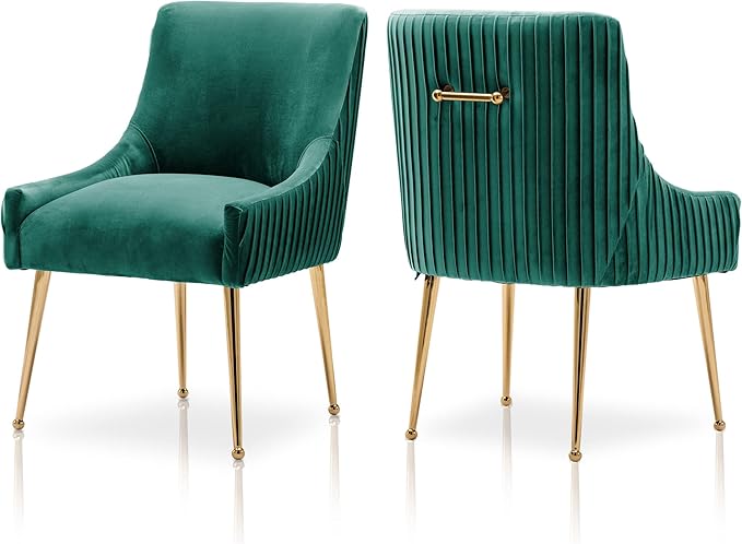 Dining Chairs, Accent Chairs Set of 2, Modern Upholstered Kitchen Dining Room Chairs with Gold Legs, Fabric Tufted Velvet Living Room Chairs for Reception Room Bedroom Guest Room (Deep Green)