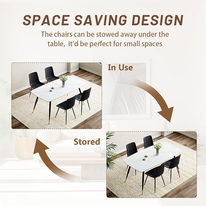 White Dining Table Set for 4, Sintered Stone Dining Room Sets for 4, Easy to Assemble