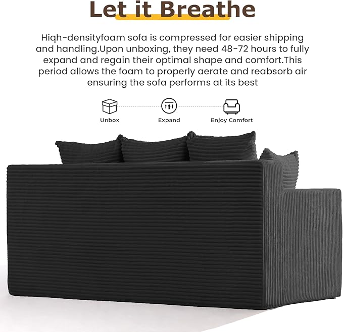 3 Seater Boneless Couch for Living Room, Convertible Futon Sofa Bed Comfy Pull Out Couch with 5 Pillows & Detachable Washable Cover, Upholstered Floor Sofa in A Box, No Assembly Required, Black