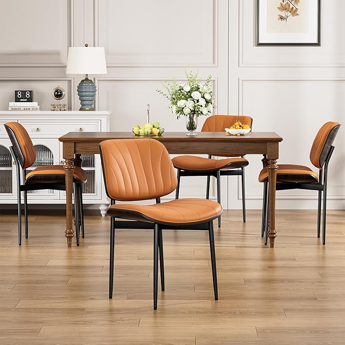 Dining Chairs Set of 6, Mid Century Modern Dining Room and Kitchen Chairs, Upholstered PU Leather Chairs with Walnut Bentwood and Metal Legs, Orange