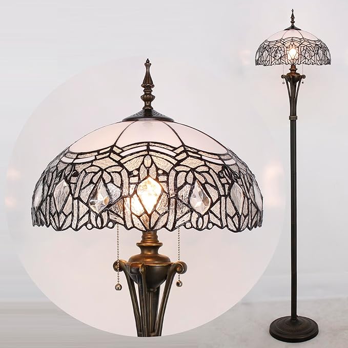 Tiffany Floor Lamp White Stained Glass Crystal Standing Reading Light 16X16X70 Inches Antique Pole Corner Lamp Decor Bedroom Office Living Room