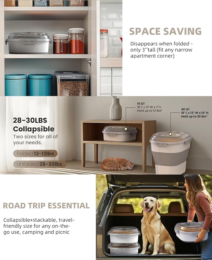 32-35 Lbs Dog Food Storage Container,Collapsible Dog Food Container with Transparent Airtight Lid,Wheels,Date Track,Pet Food Storage Container for Rice,Flour,Sugar,Scoop And 2PCS Containers