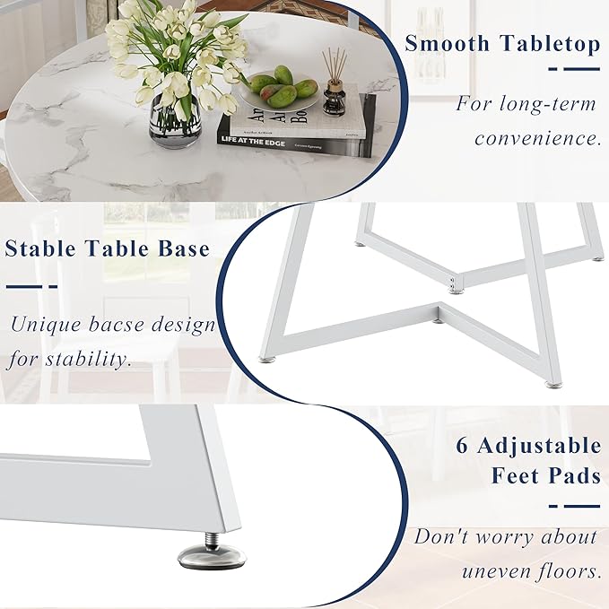 VECELO Round Dining Room Table with Wood Grain Tabletop and Steel Frame, for Kitchen, Living Room, Office, Conference, 2 to 4 Person, Fuax Marbled & White