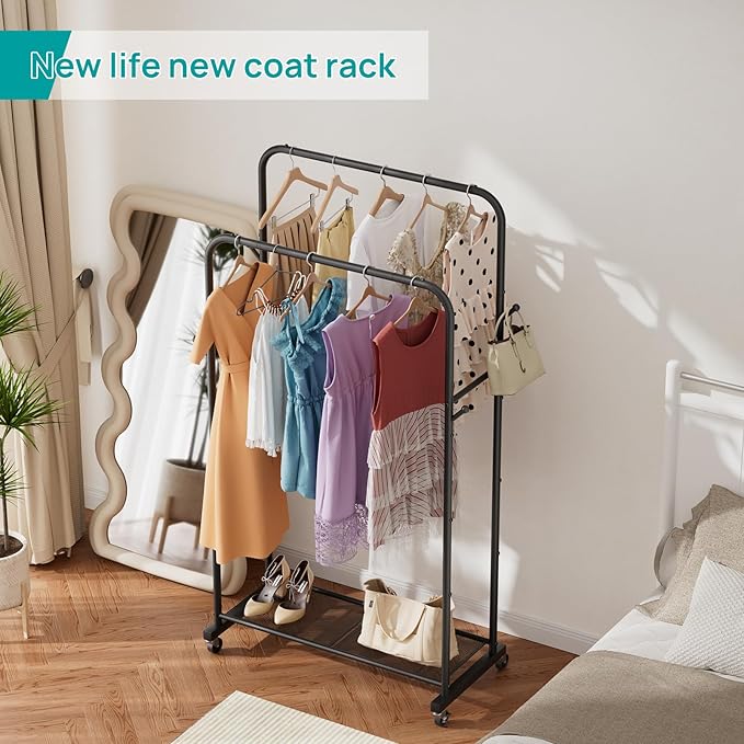 SINGAYE Clothes Rack Garment Clothing Hanger：Coat Rack Metal Double Bar Freestanding for Hanging Clothes Portable With Wheels Rolling Closet for Laundry Bedroom Drying Black