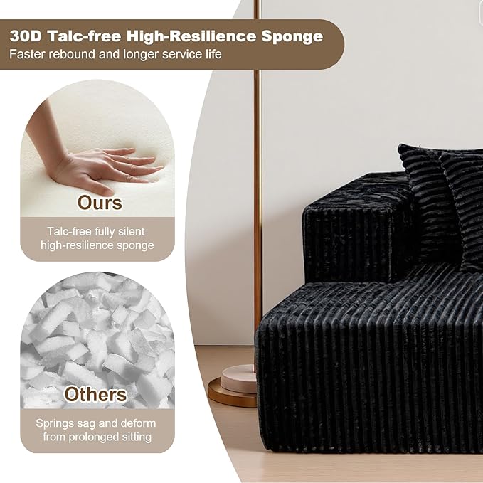 106'' Boneless Couches for Living Room, L Shaped Modular Sectional Sofa with Chaise Lounge, Faux Rabbit Fur & Layered Cushion Deep Seat Cloud Couch, No Assembly (Black, 130 U Shaped)