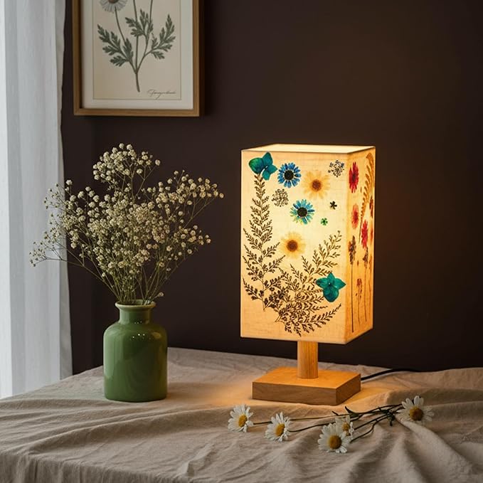 Hortsun Pressed Flower Lamp Vintage Table Small Lamp Cottagecore Decor Boho Night Light Decorative Rustic Night Light for Bedroom, Living Room or Office, Christmas Gift for Women(Square Style)