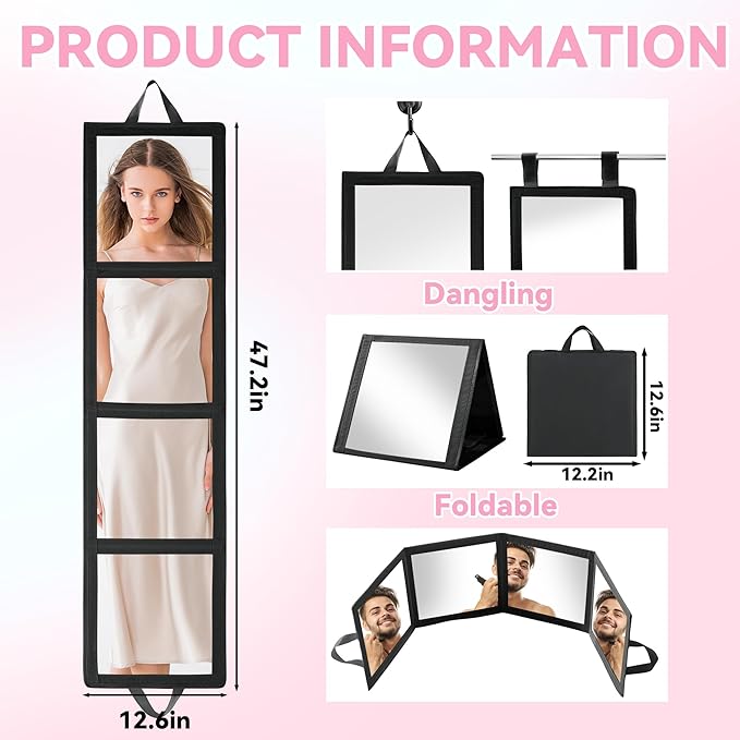 ROYALAY Foldable Full Length Mirror with Handle, 47 * 13in Four-fold Portable Mirror for Travel Makeup Dancing and Fitting Clothes, Black