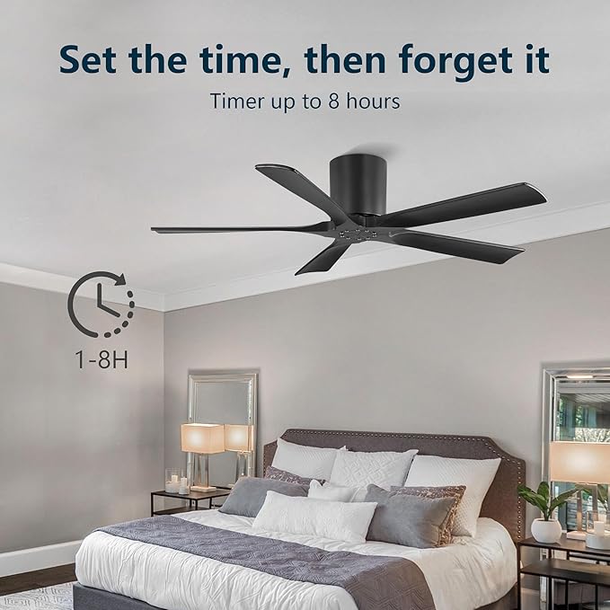ELEHINSER 52 inch Low Profile Ceiling Fan without Light, 5 Solid Wood Blades, 6-Speed, Quiet DC Motor, Timer, Flush Mount Modern Ceiling Fan No Light with Remote for Living Room Bedroom, Black