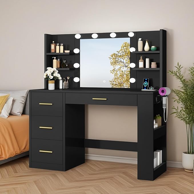 DWVO Vanity Desk with Mirror, Power Outlet and 10 Lights, Big Vanity Makeup Table with 4 Drawers and 8 Open Storage Shelves, 3 Color Modes Adjustable Brightness for Bedroom, Black