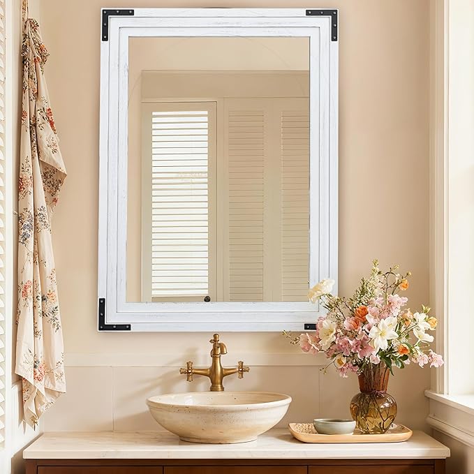 Full Length Mirror 40"x30" Solid Wood Frame Floor Standing Mirror, Hanging or Leaning Wall-Mounted for Living Room, Bedroom, Rustic White