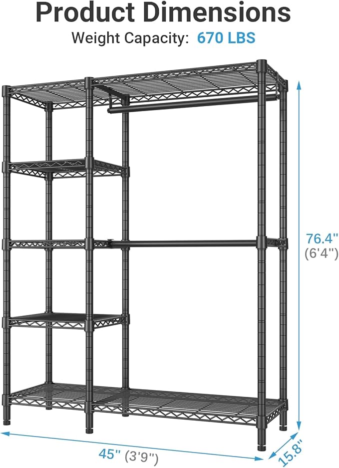 VIPEK V7 Garment Rack for Hanging Clothes Heavy Duty Clothes Rack with Shelves, Portable Closet Racks Metal Clothing Racks 5 Tiers Freestanding Closet Wardrobe System, Max Load 670lbs, Black