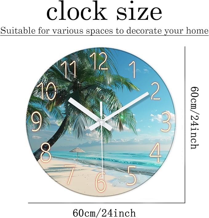 XFM Large Beach Wall Clock Silent Non-Ticking Battery Operated Clocks 24 Inch Blue Ocean Tropical Palm Tree Wall Clock Decorative for Living Room Kitchen Bedroom Office