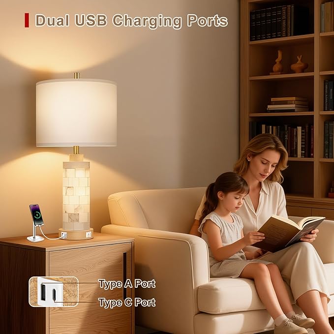 27" Natural Alabaster Wood Table Lamp Set of 2 with Night Light for Living Room, Nightstand Lamps with USB A+C Ports, Linen Shade, Farmhouse Bedside Lamps for Bedroom,Office,Hotel (Bulbs Included)
