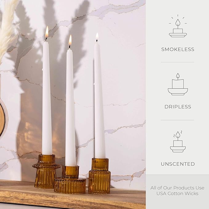 Bask 10-inch Taper Candles - Unscented and Dripless - Burns for 8 Hours - Home Decor for Dinner Table, Kitchen, and Bedroom - Perfect for a Romantic Date or Anniversary - 12-Pack - White