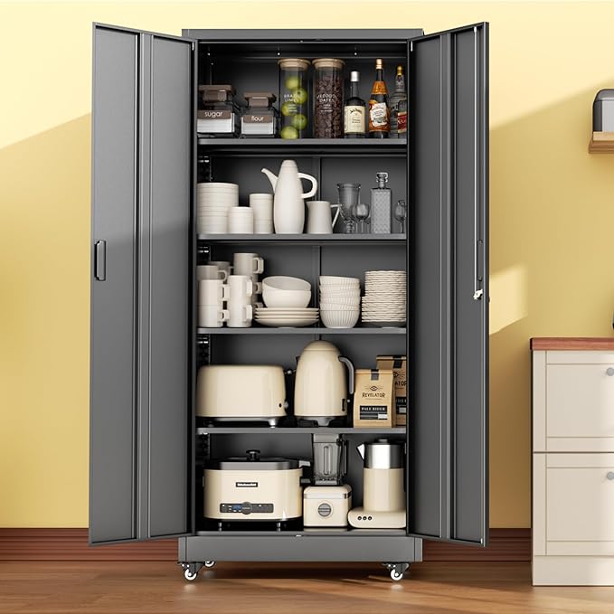 INTERGREAT Metal Storage Cabinet with Wheels, 73" H Rolling Metal Cabinets with Doors and Shelves, Black Steel Lockable Cabinet on Wheels for Garage Storage