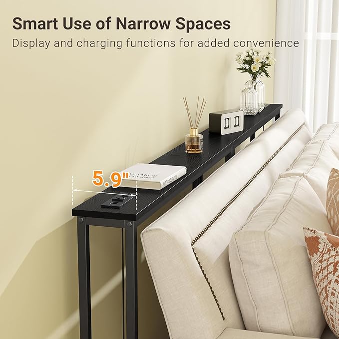 ELYKEN 5.9" Narrow Console Sofa Table with Power Outlets, Total 39.4” Long Behind Couch Table with Charge Station and 5.9’ Extension Cord for Living Room, 5.9" D x 39.4”W x 29.5”H, Black