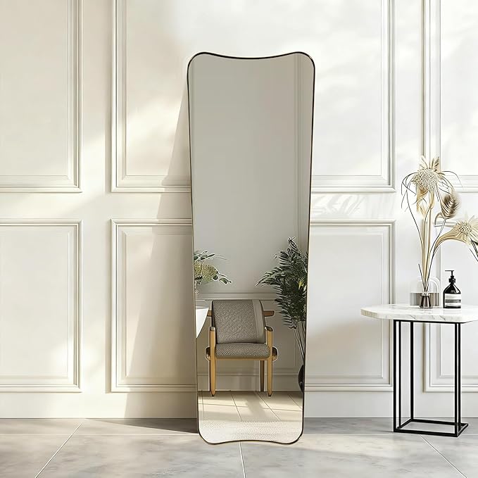 ANDY STAR 21" x 64" Full Length Mirror, Decorative Full Body Mirror with Stainless Steel Thin Frame, Italian Curved Edge Design, Wall Mountable or Leaning for Bedroom, Cloakroom, Brushed Gold