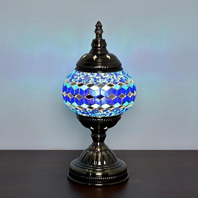 Turkish Moroccan Table Lamp Lantern with Handmade Mosaic Glass Lampshade Tiffany Style Bohemian Stained Glass Decorative Desk Lamps Bedside Night Lights for Bedroom (Multiple Blues)