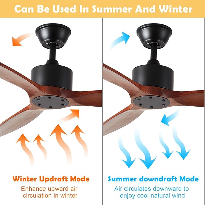 52 inch 3 blade Wood ceiling fan without light, Noiseless Reversible DC Motor Walnut Ceiling Fan Without Light for Farmhouse Patio Living Room Bedroom, Indoor Outdoor Ceiling Fan with Remote