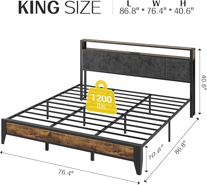 OLEVS King Bed Frame with Headboard, Metal Platform Bed King Size with 2-Tier Storage, LED Light & Charging Station Type C, No Box Spring Needed, Easy Assembly