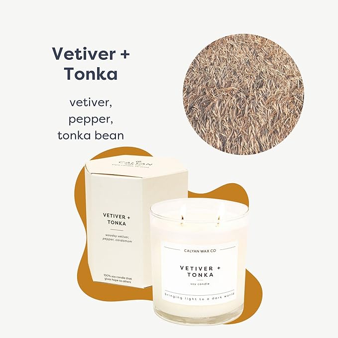 Calyan Wax Co. Vetiver & Tonka 2 Wick Scented Candle - 37 Hour Burn - Luxury Non Toxic Soy Wax Candles - Long Lasting Large Glass Jar Candle for Home - 8.8oz
