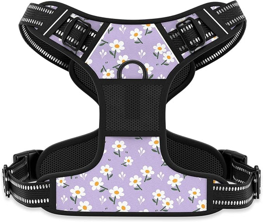 Rnivvi No Pull Dog Harness, Cute Flower Reflective Large Sized Puppy Harness, Adjustable Soft Padded Vest for Large Dogs, Heavy Duty Pet Vest with Easy Control Handle for Walking, Purple White