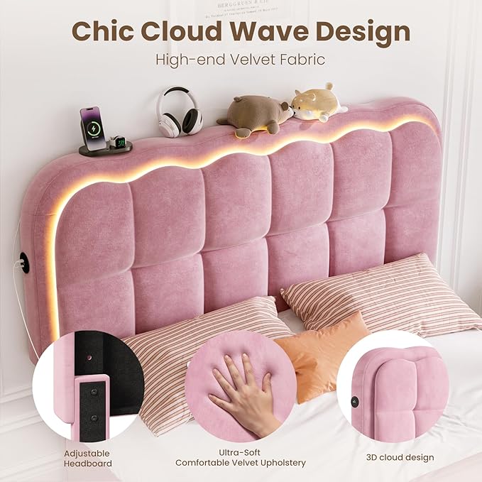 Full Size Bed Frame with 4 Storage Drawers and LED, Adjustable Clouds Headborad, Velvet Upholstered Platform Full Bed Frame with Charing Station, Wood Slats Support, No Box Spring Needed,Pink